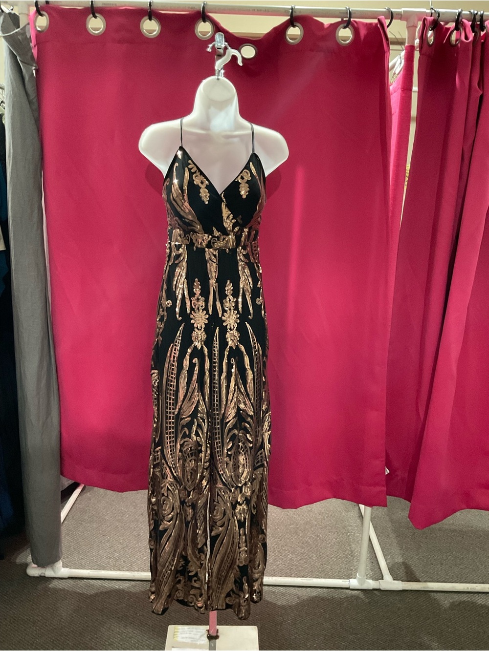 Haute Monde Black and Gold Sequin Romper with Spaghetti Straps